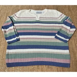 Alfred Dunner Large Petite Neutral Muted Rainbow Slit Neck Half Sleeve Sweater